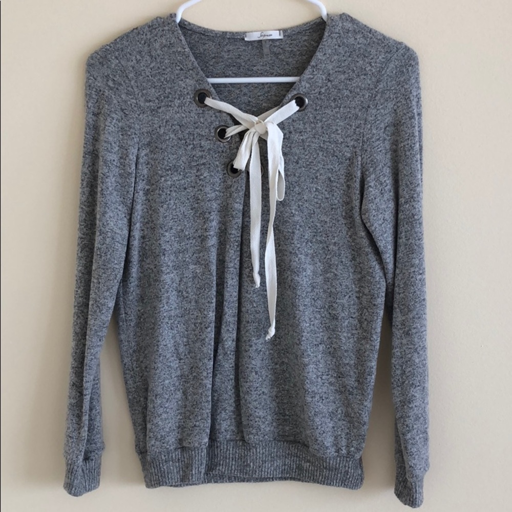 Long Sleeve Gray Top with Lace Up Front